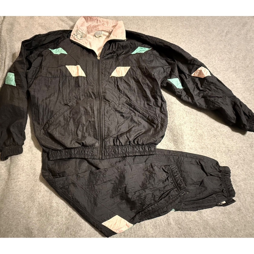 VTG Sergio Tacchini Tracksuit Set Italian Windbreaker Black Pink Green Women's 8